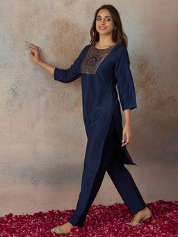 HRITIKA - Women Hritika Blue Silk Blend Crinkle Weaving Kurta with Pant
