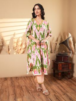 Indisangam - Women Beige Ikat Printed A-Line Kurta and Pant