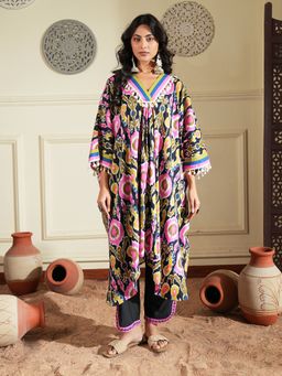 Indisangam - Women Black Printed Cotton A-Line Kurta and Pant