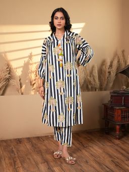 Indisangam - Women Black Striped A-Line Cotton Kurta and Pant
