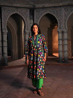 Indisangam - Women Blue Floral Printed Embroidered Kurta and Pant