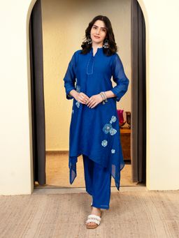 Indisangam - Women Blue Chanderi Mandarin Collar Embroidered Kurta and Pant