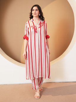 Indisangam - Women Red Stripe Embroidered Muslin Kurta and Pant