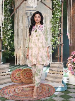 Indisangam - Women Peach Floral Printed with Embroidered Yoke Kurta and Pant
