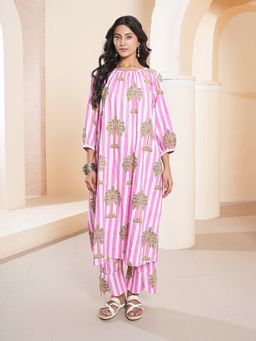 Indisangam - Women Pink Striped Printed Cotton A-Line Kurta and Pant