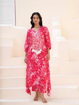 Indisangam - Women Red Printed Muslin Asymmetrical Kurta and Pant