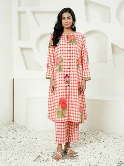 Indisangam - Women Red Floral Checked Cotton Kurta and Pant