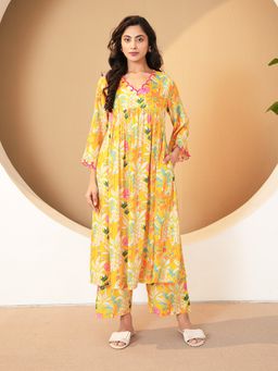 Indisangam - Women Yellow Floral Embroidered Kurta and Pant