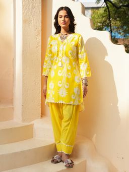 Indisangam - Women Yellow Ikat Lace Cotton Kurta and Pant