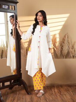 Indisangam - Women White Cotton Asymmetrical Hem Kurta and Pant