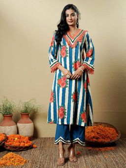 Indisangam - Women Blue Striped Floral Cotton Kurta and Pant