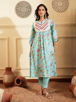 Indisangam - Women Blue Floral Lace Cotton Kurta and Pant