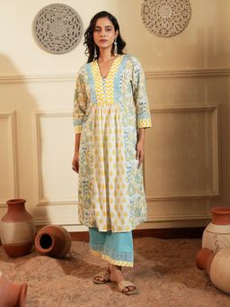 Indisangam - Women Blue Floral Chintz Lace Cotton Kurta and Pant