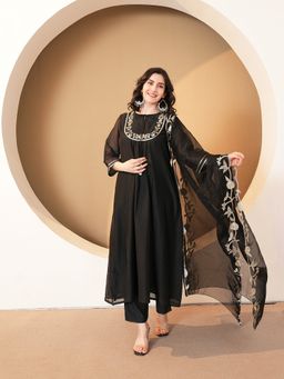 Indisangam - Women Black Embroidered Chanderi Kurta with Pant and Dupatta