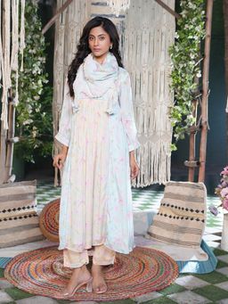 Indisangam - Women Pastel Blue Floral Printed Kurta with Pant and Dupatta
