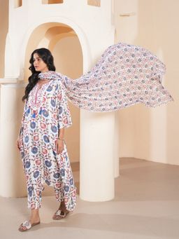 Indisangam - Women Multi-Color Dori Embroidered Muslin Kurta with Pant and Dupatta