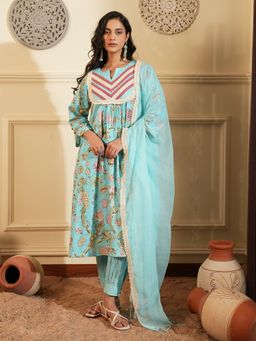 Indisangam - Women Blue Floral Lace Cotton Kurta with Pant and Dupatta