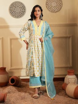 Indisangam - Women Blue Floral Chintz Lace Cotton Kurta with Pant and Dupatta