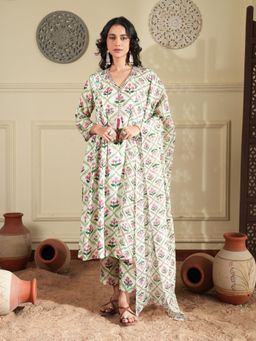 Indisangam - Women White Floral Print Muslin Kurta with Pant and Dupatta