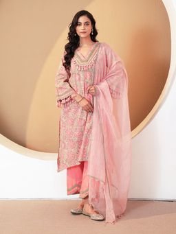 Indisangam - Women Dusty Rose Lace Cotton Kurta with Pant and Dupatta