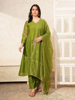 Indisangam - Women Olive Green Embroidered Chanderi Kurta with Pant and Dupatta