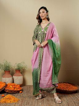 Indisangam - Women Green Lotus Embroidered Cotton Kurta with Pant and Dupatta