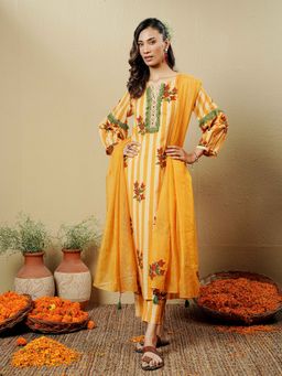 Indisangam - Women Mustard Floral Stripe Cotton Kurta with Pant and Dupatta
