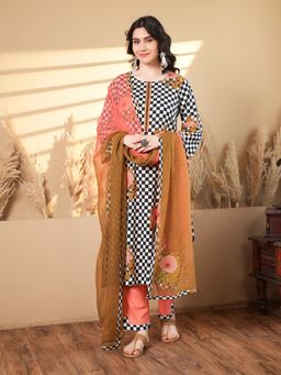 Indisangam - Women Multi-Color Checked Cotton Kurta with Pant and Dupatta