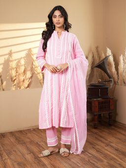 Indisangam - Women Pink Striped Cotton Kurta with Pant and Dupatta