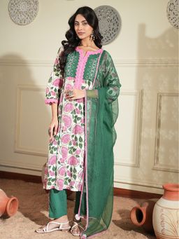 Indisangam - Women Green Lotus Embroidered Cotton Kurta with Pant and Dupatta