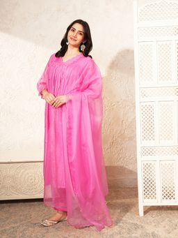 Indisangam - Women Pink Embroidered Chanderi Kurta with Pant and Dupatta