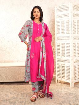 Indisangam - Women Pink Chanderi A-Line Kurta with Pant and Dupatta
