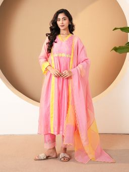 Indisangam - Women Pink Embroidered Chanderi Kurta with Pant and Dupatta