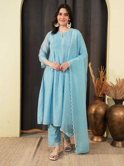 Indisangam - Women Powder Blue Embroidered Chanderi Kurta with Pant and Dupatta