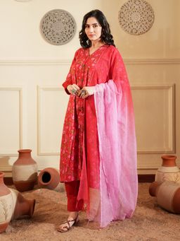 Indisangam - Women Red Floral Lace Cotton Kurta with Pant and Dupatta