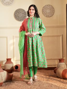 Indisangam - Women Green Lace Insert Cotton Kurta with Pant and Dupatta