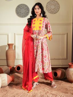 Indisangam - Women Red Chintz Embroidered Cotton Kurta with Pant and Dupatta
