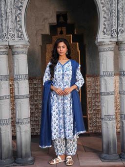 Indisangam - Women Blue Chintz Embroidered Cotton Kurta with Pant and Dupatta