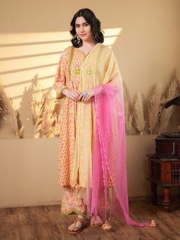 Indisangam - Women Yellow Chintz Embroidered Cotton Kurta with Pant and Dupatta