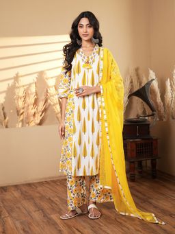 Indisangam - Women Yellow Floral Print Cotton Kurta with Pant and Dupatta