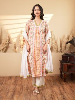 Indisangam - Women Peach Chintz Lace Cotton Kurta with Pant and Dupatta
