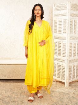 Indisangam - Women Yellow Embroidered Chanderi Kurta with Pant and Dupatta