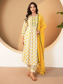 Indisangam - Women Yellow Lace Cotton Kurta with Pant and Dupatta