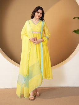 Indisangam - Women Sunshine Yellow Embroidered Chanderi Kurta with Pant and Dupatta