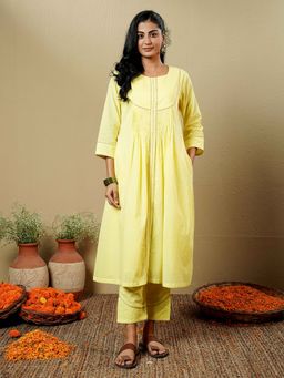Indisangam - Women Solid Lemon Yellow A-Line Cotton Kurta and Pant