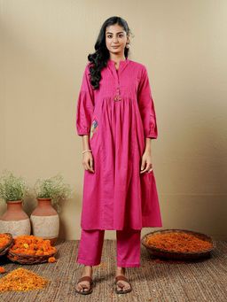 Indisangam - Women Solid Fuchsia Pink A-Line Cotton Kurta and Pant