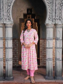 Indisangam - Women Pink Floral Printed Cotton A-Line Kurta and Pant