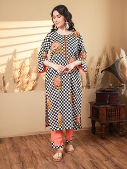 Indisangam - Women Peach Floral Check Embroidered Cotton Kurta and Pant