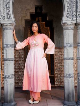 Indisangam - Women Peach Ombre A-Line Cotton Kurta and Pant