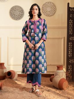 Indisangam - Women Blue Floral Buta Embroidered Cotton Kurta and Pant